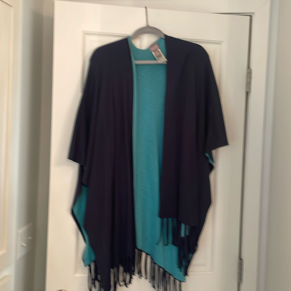 Chicos Reversible Shawl with fringe.  Navy blue and turquoise!